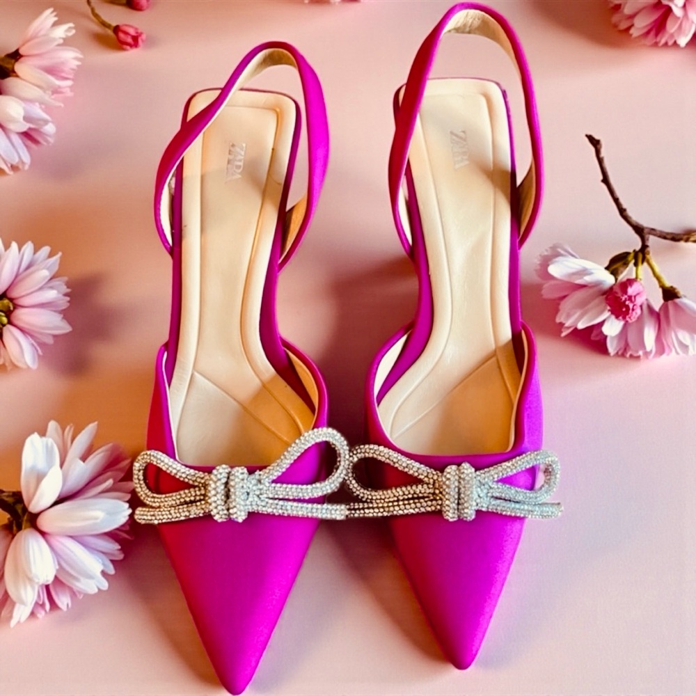 Zara jewel rhinestone bow slingbacks Kitten heel shoes sz 39/ US 8 NWOB Fuchsia